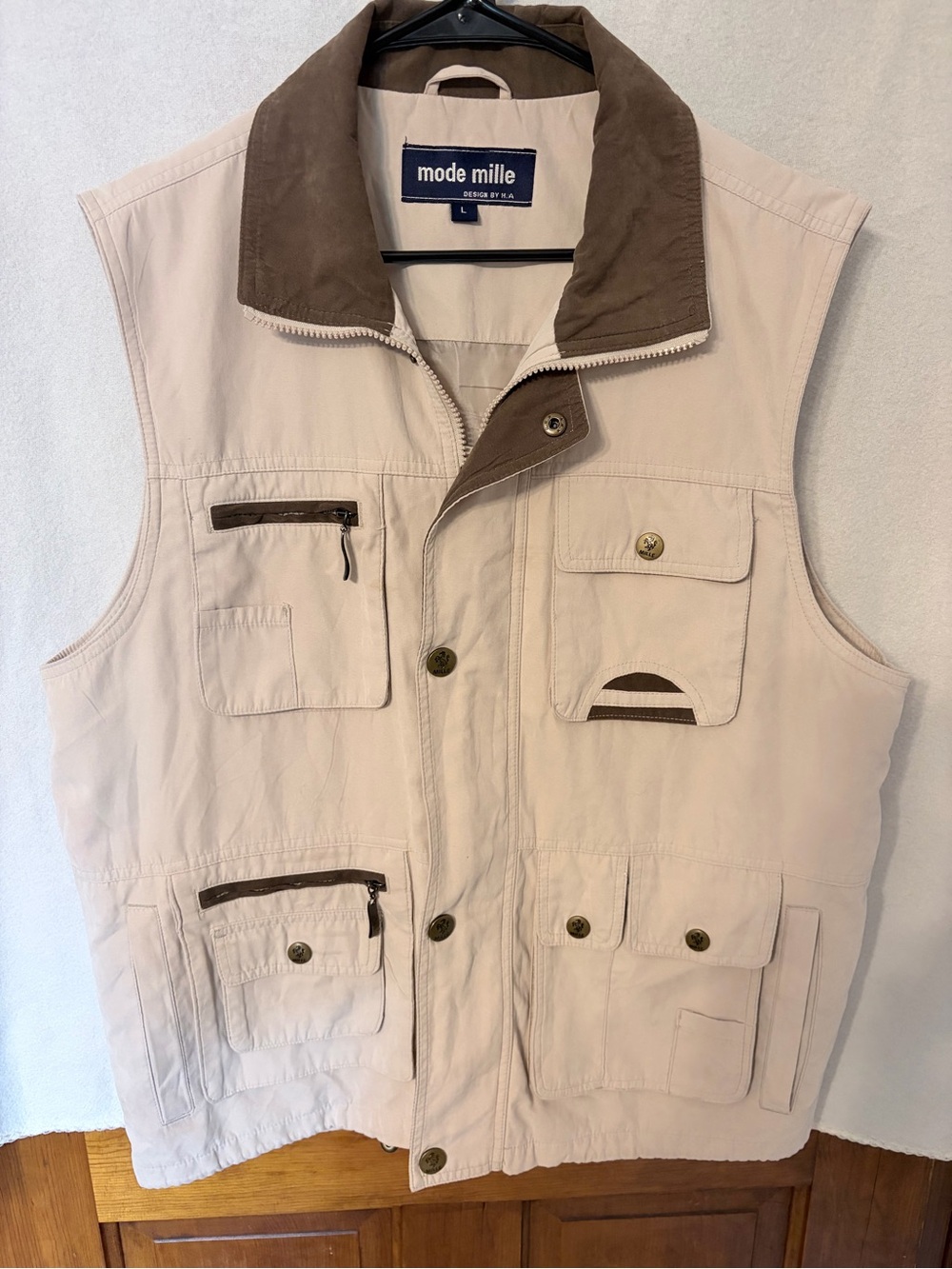 Men's Beige Utility Vest with Brown Accents